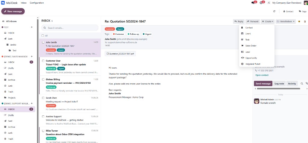 Odoo CRM Lead Helpdesk Ticket aus E-Mail erstellen
