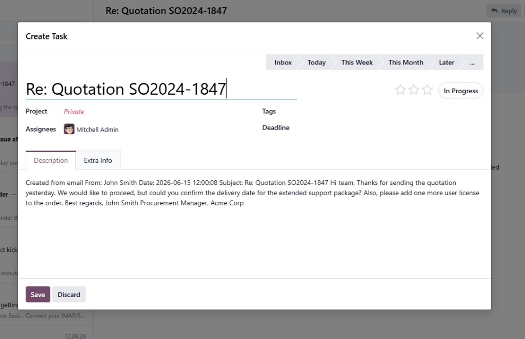 Odoo Projektaufgabe aus E-Mail mit vorausgefüllter Beschreibung