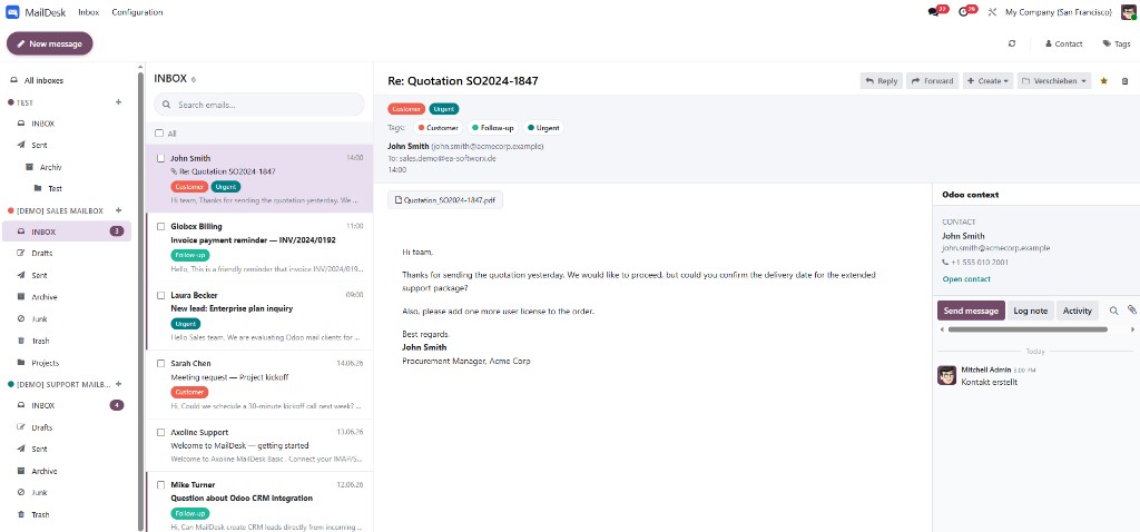 Odoo 19 IMAP E-Mail-Client mit 3-Spalten-Posteingang und Lesefenster