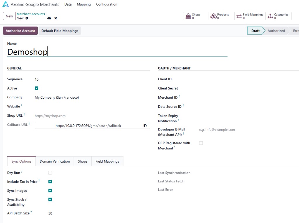 Google Merchant Center OAuth in Odoo