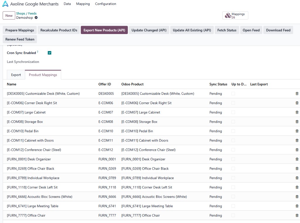 Produkt-Mappings und API-Export