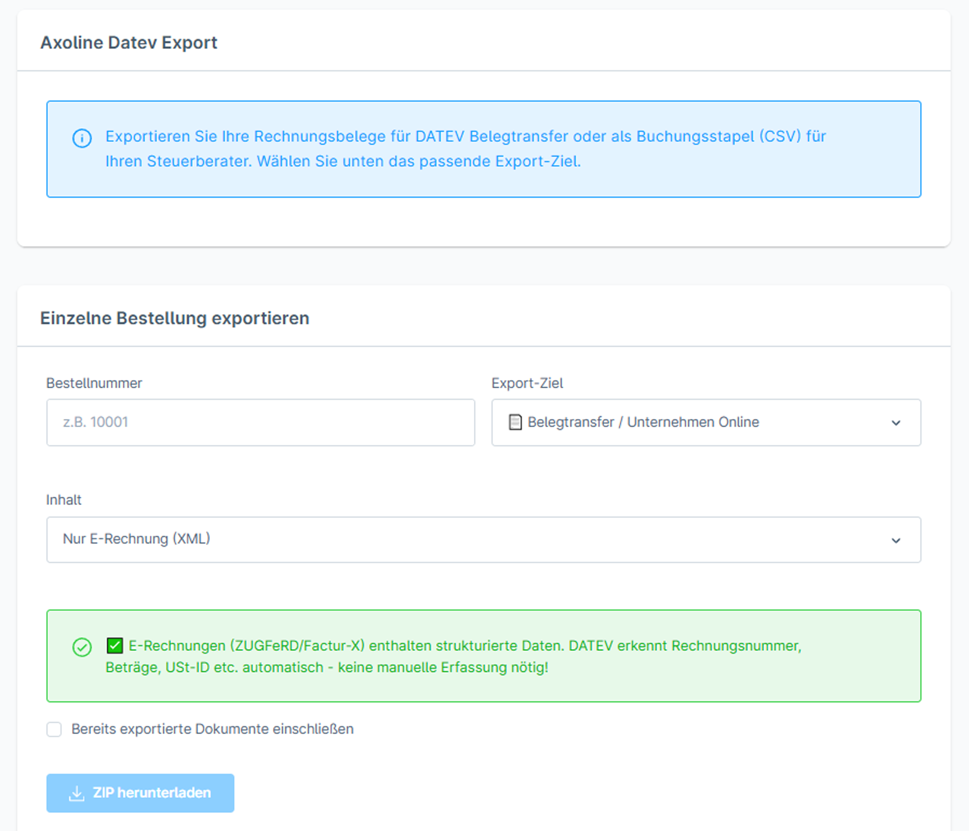 Einzelne Bestellung exportieren: Bestellnummer, Export-Ziel und ZIP-Download