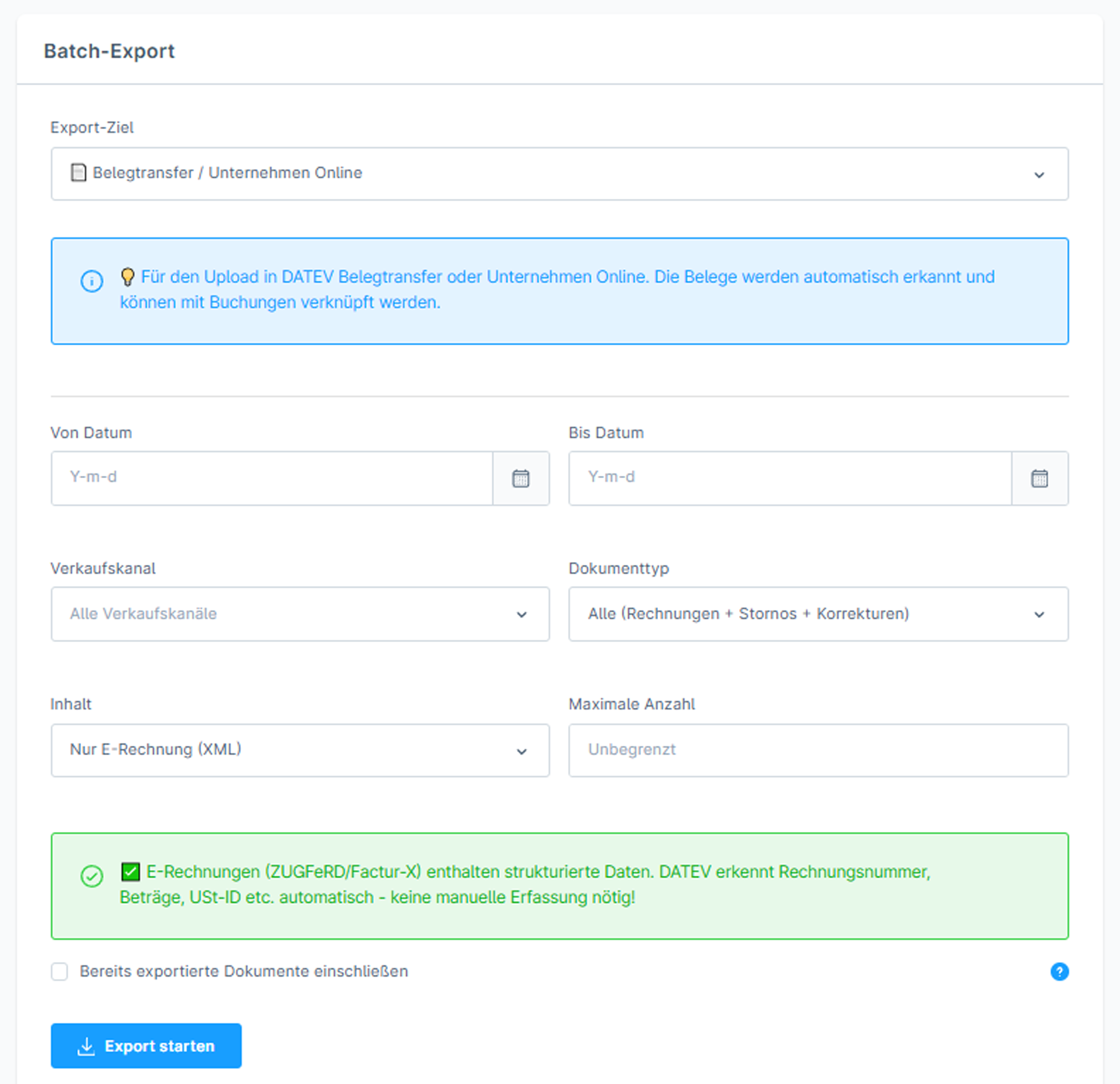 Batch-Export mit Zeitraum, Verkaufskanal, Dokumenttyp und Export starten