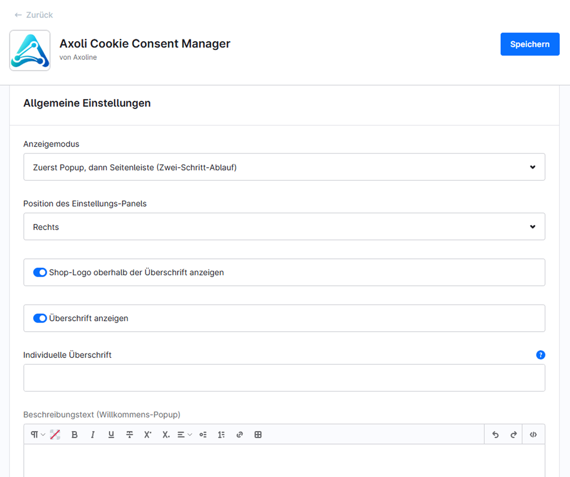 Anzeigemodus Zuerst Popup, dann Seitenleiste und Logo-Schalter