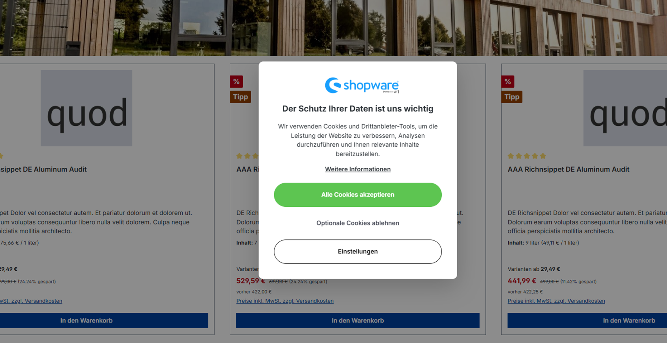 Willkommens-Popup mit Shop-Logo, grünem Akzeptieren-Button und Einstellungen