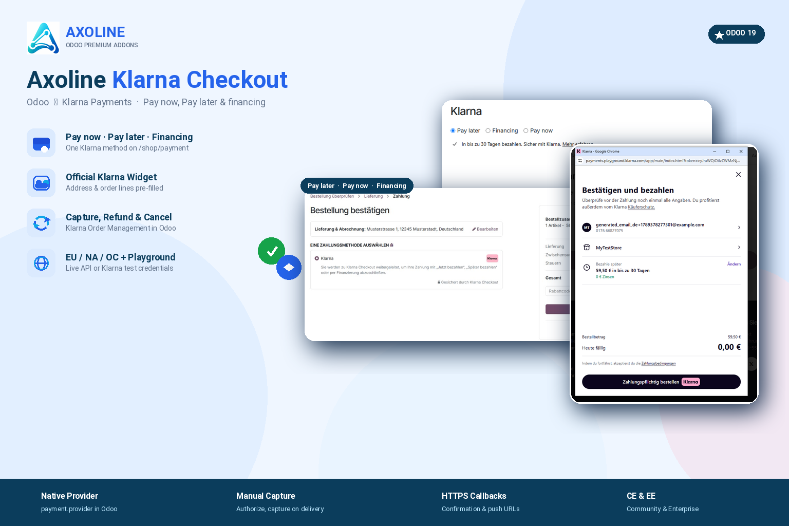 Axoline Klarna Checkout mit Zahlungsseite, Widget und Klarna-Bestätigung