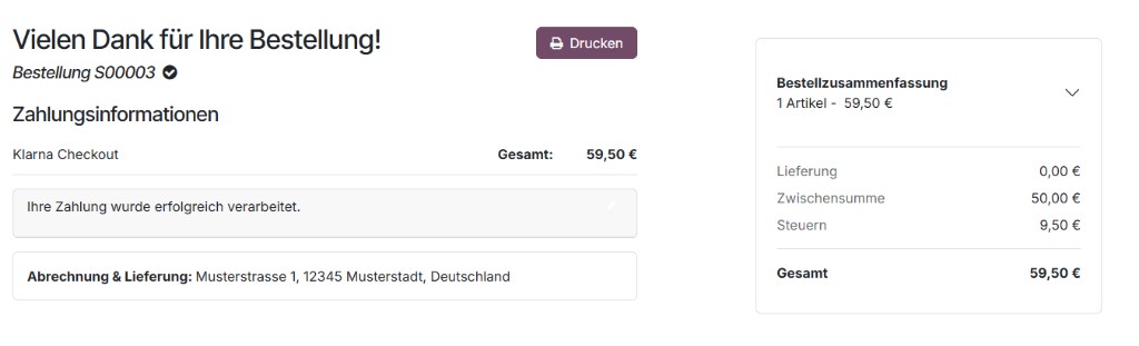 Odoo-Danke-Seite nach der Klarna-Zahlung