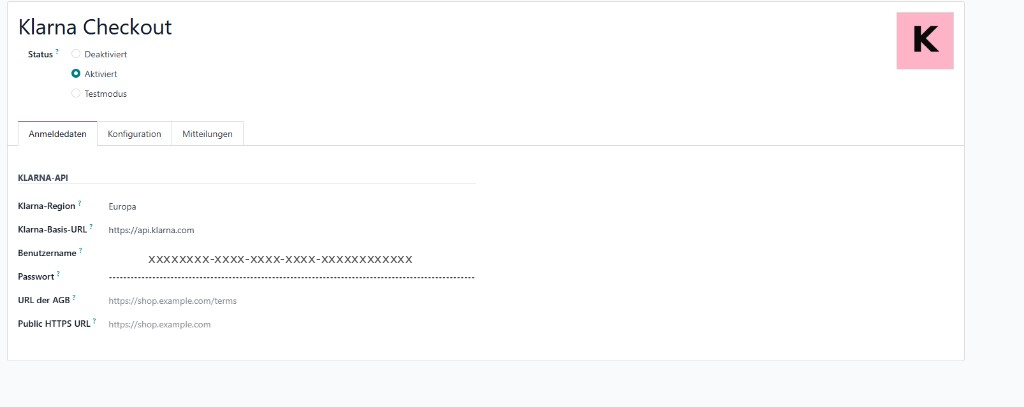Klarna-Anmeldedaten mit Region, API-URL, AGB und öffentlicher HTTPS-URL