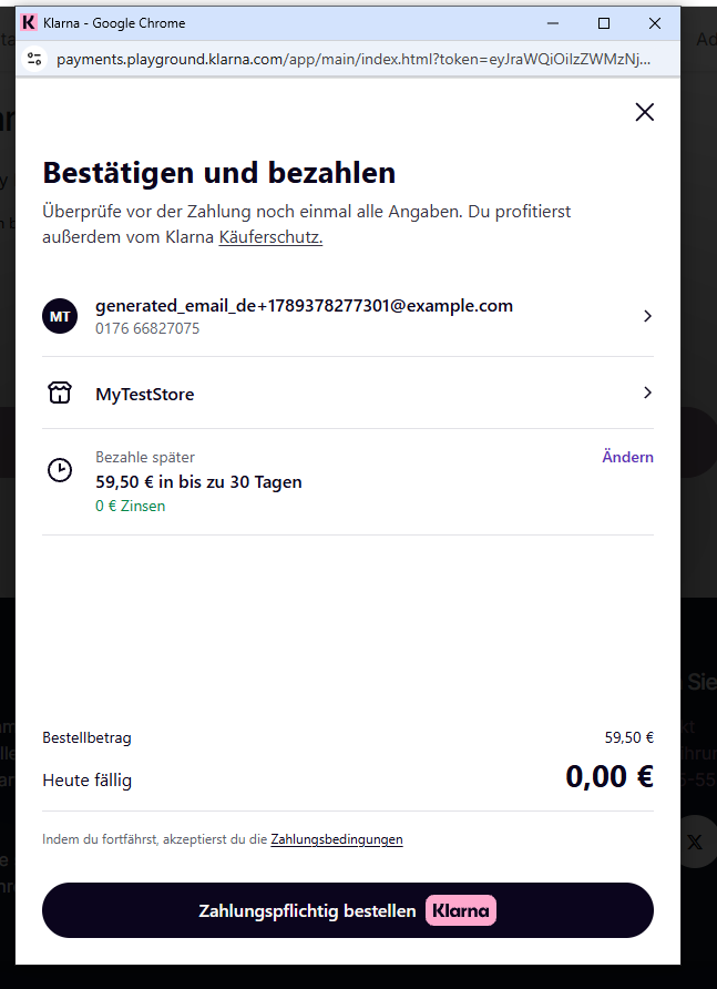 Klarna-Bestätigung mit Lieferadresse und Zahlungsart