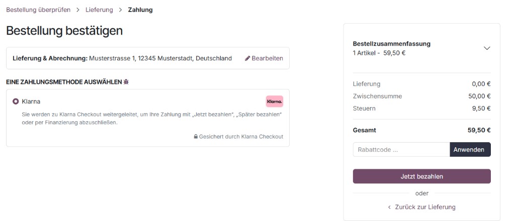 Odoo-Zahlungsseite mit einer Klarna-Option