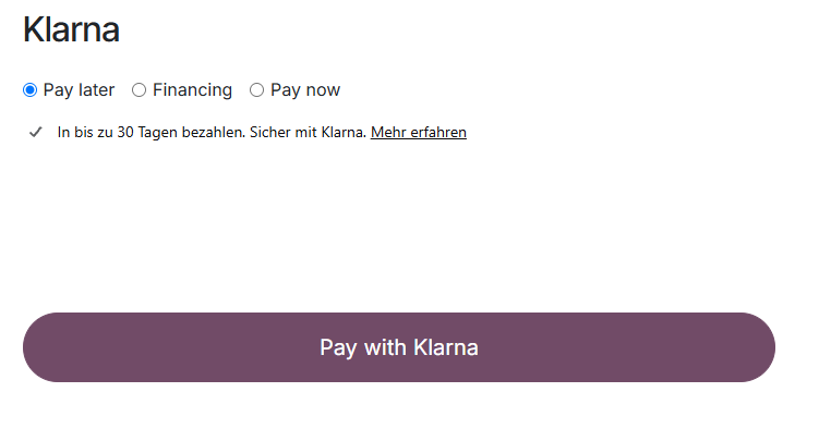 Klarna-Widget mit Pay later, Financing und Pay now