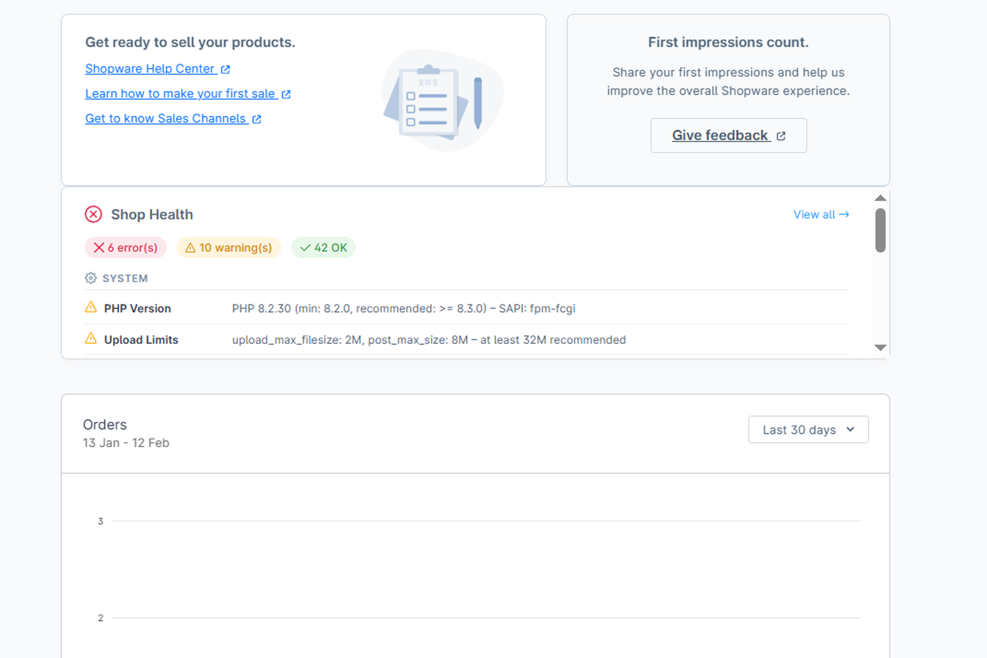 Dashboard-Widget von Axoli Shop Health direkt nach dem Login