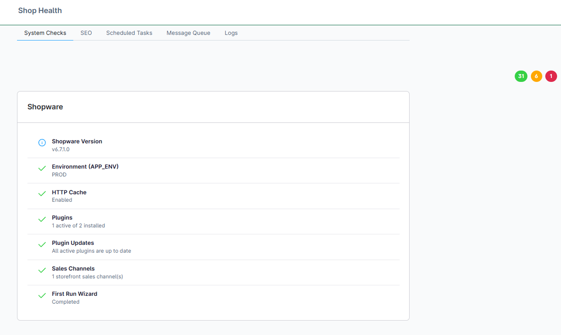 System-Checks mit Shopware-Version, Umgebung, HTTP-Cache und Plugins