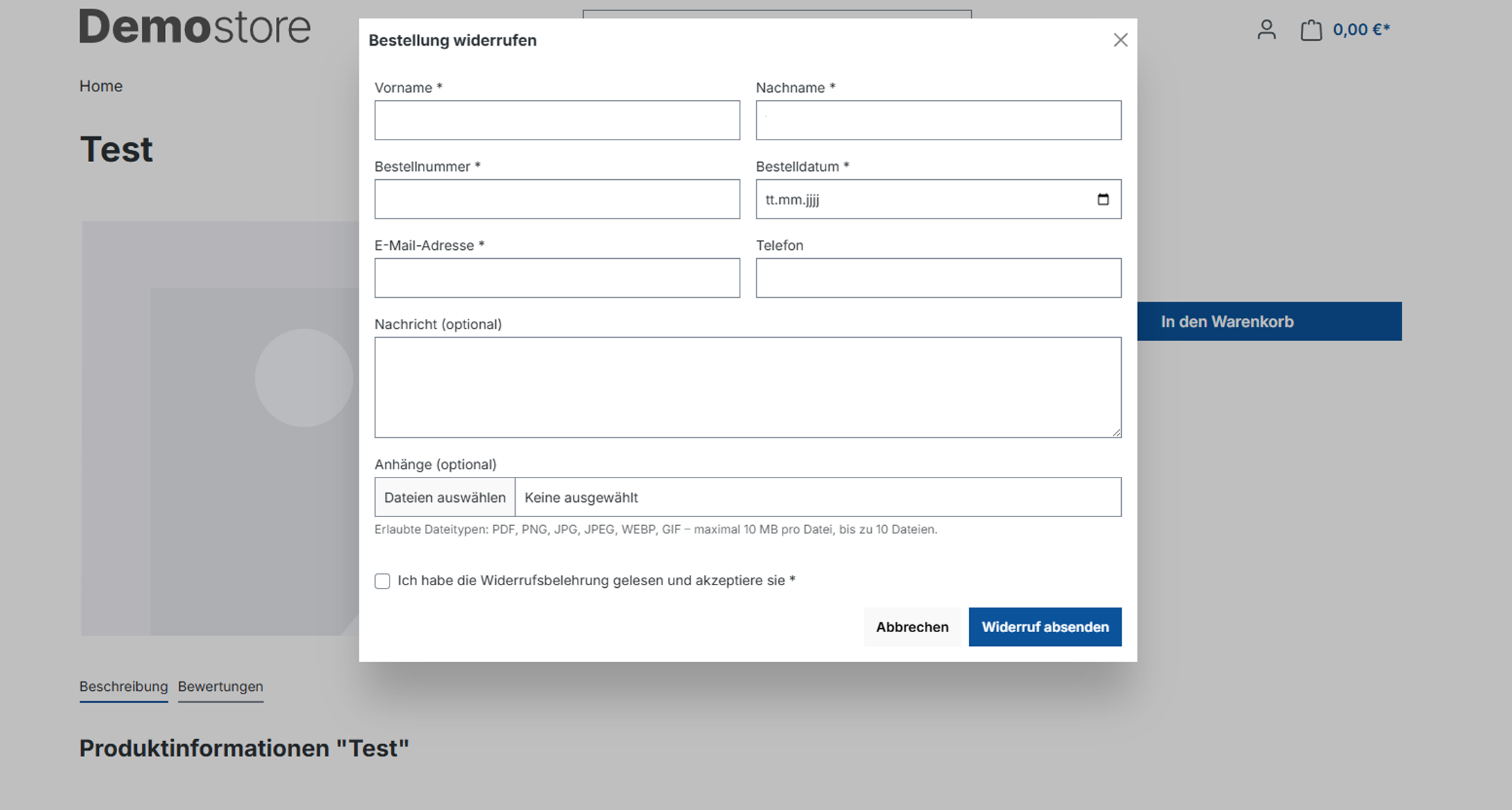 Modal Bestellung widerrufen mit Pflichtfeldern, Anhang und Widerrufsbelehrung