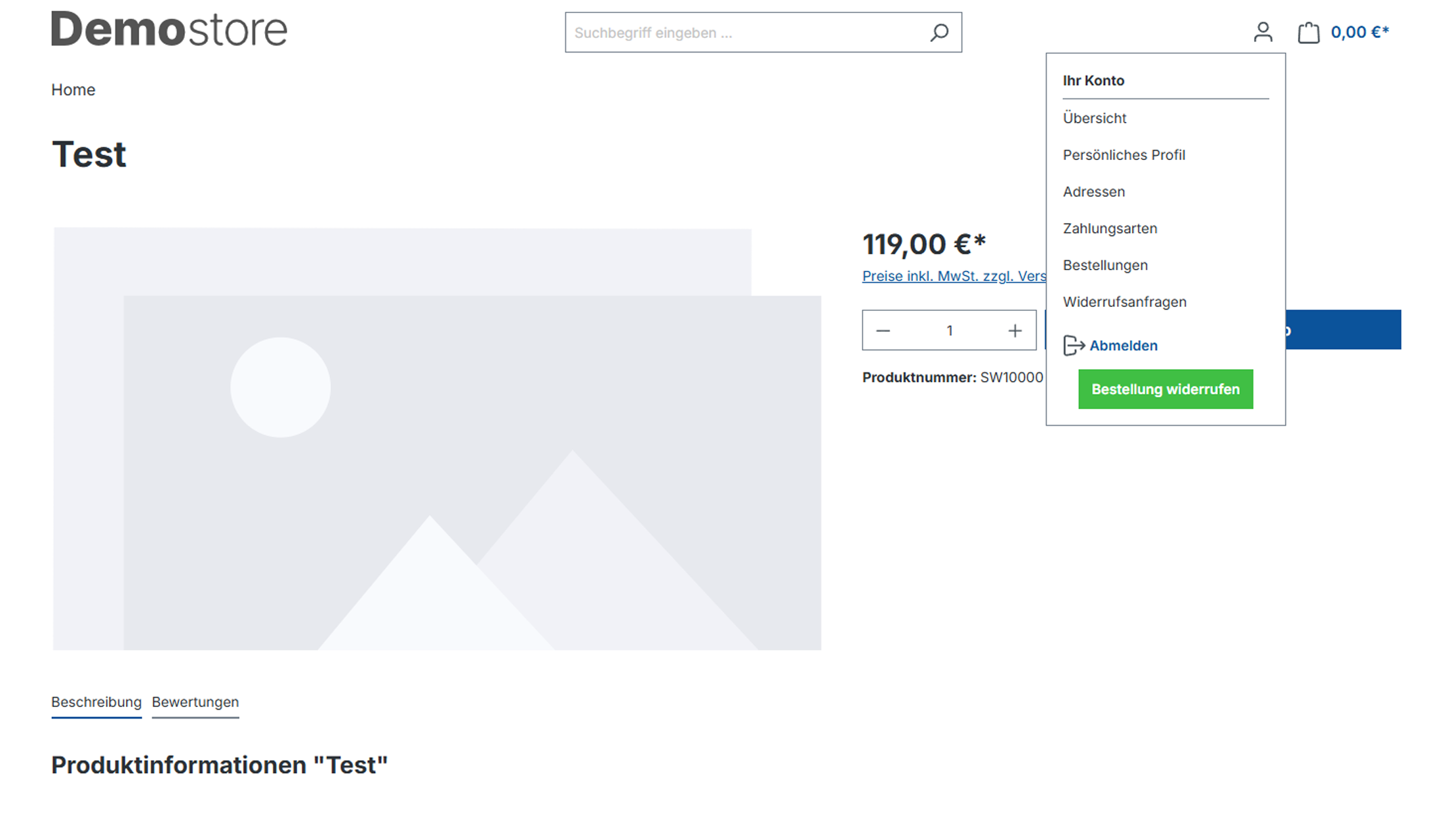 Kontomenü mit Widerrufsanfragen und grünem Button Bestellung widerrufen