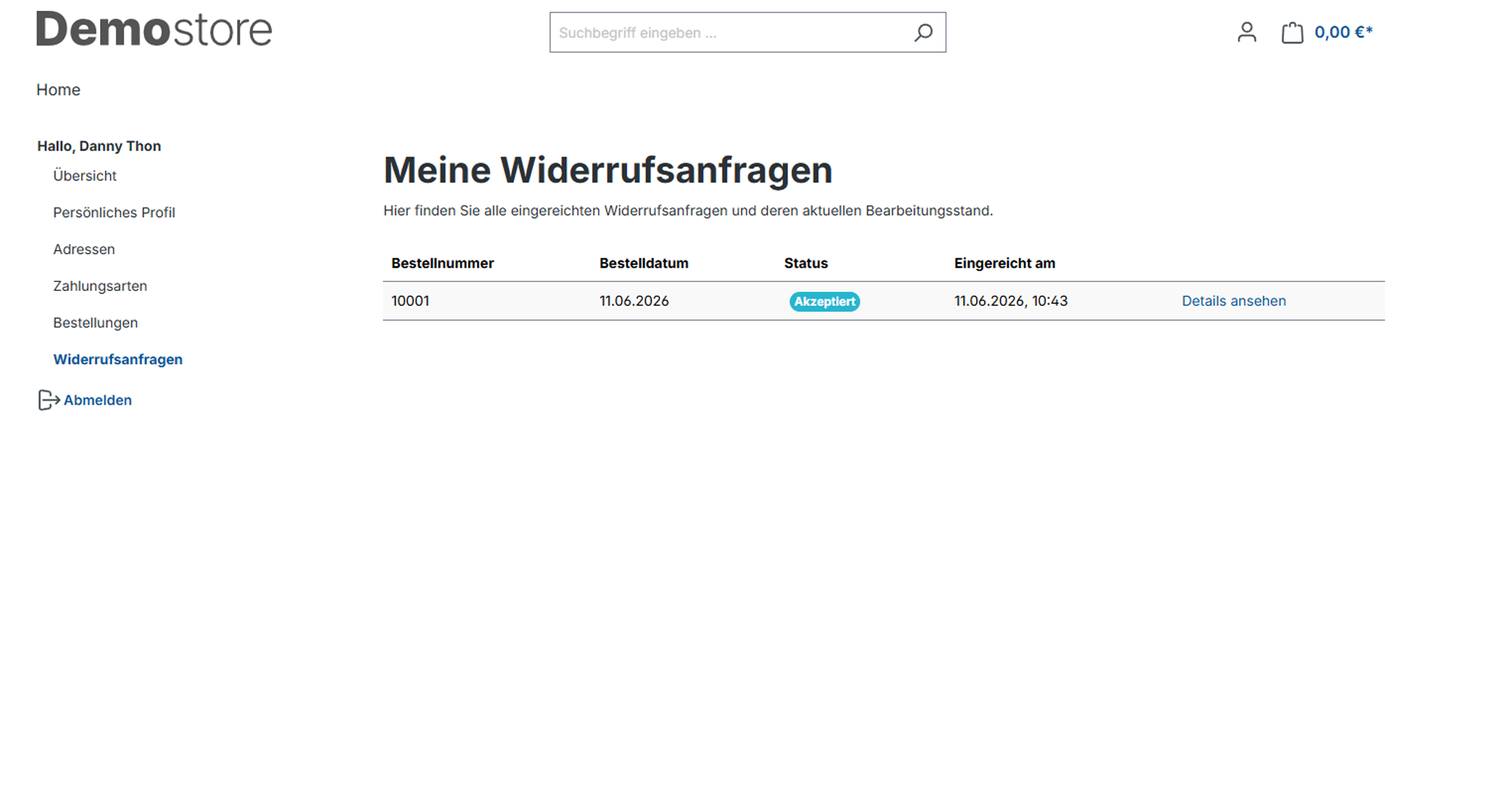Kontobereich Meine Widerrufsanfragen mit Status Akzeptiert