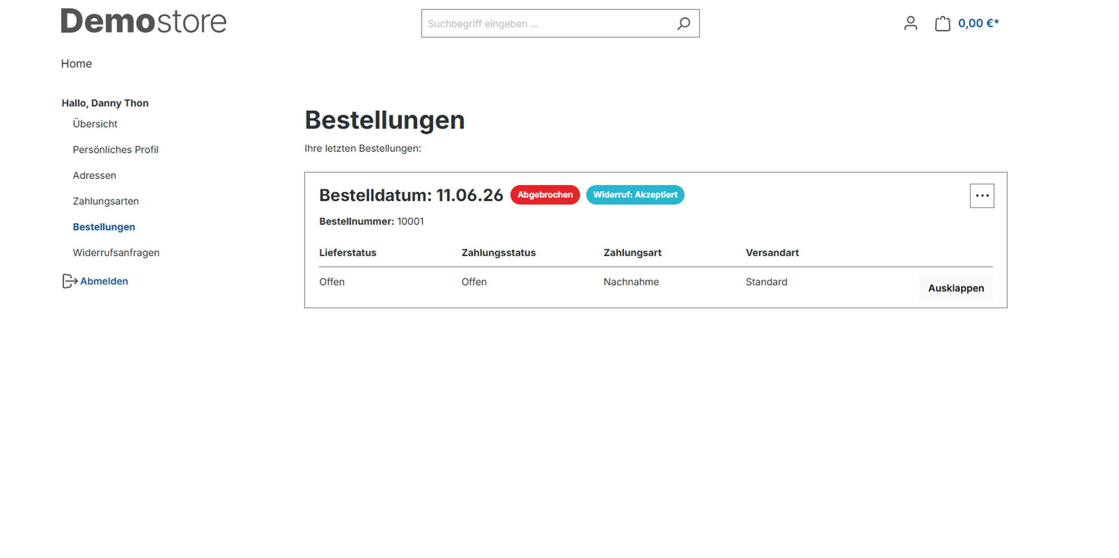 Bestellung mit Badge Widerruf Akzeptiert und Status Abgeschlossen