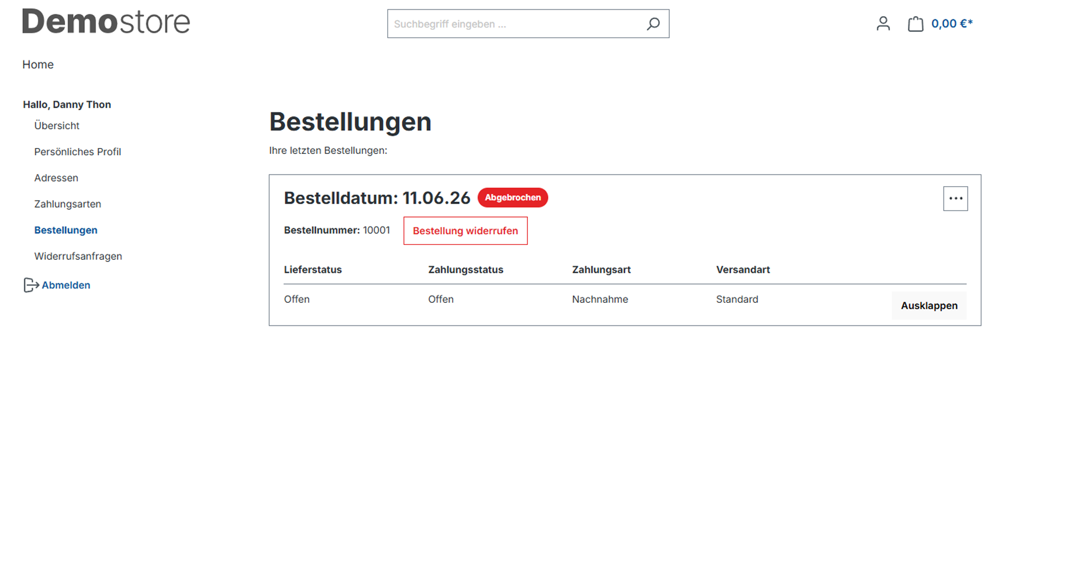 Bestellübersicht mit Button Bestellung widerrufen