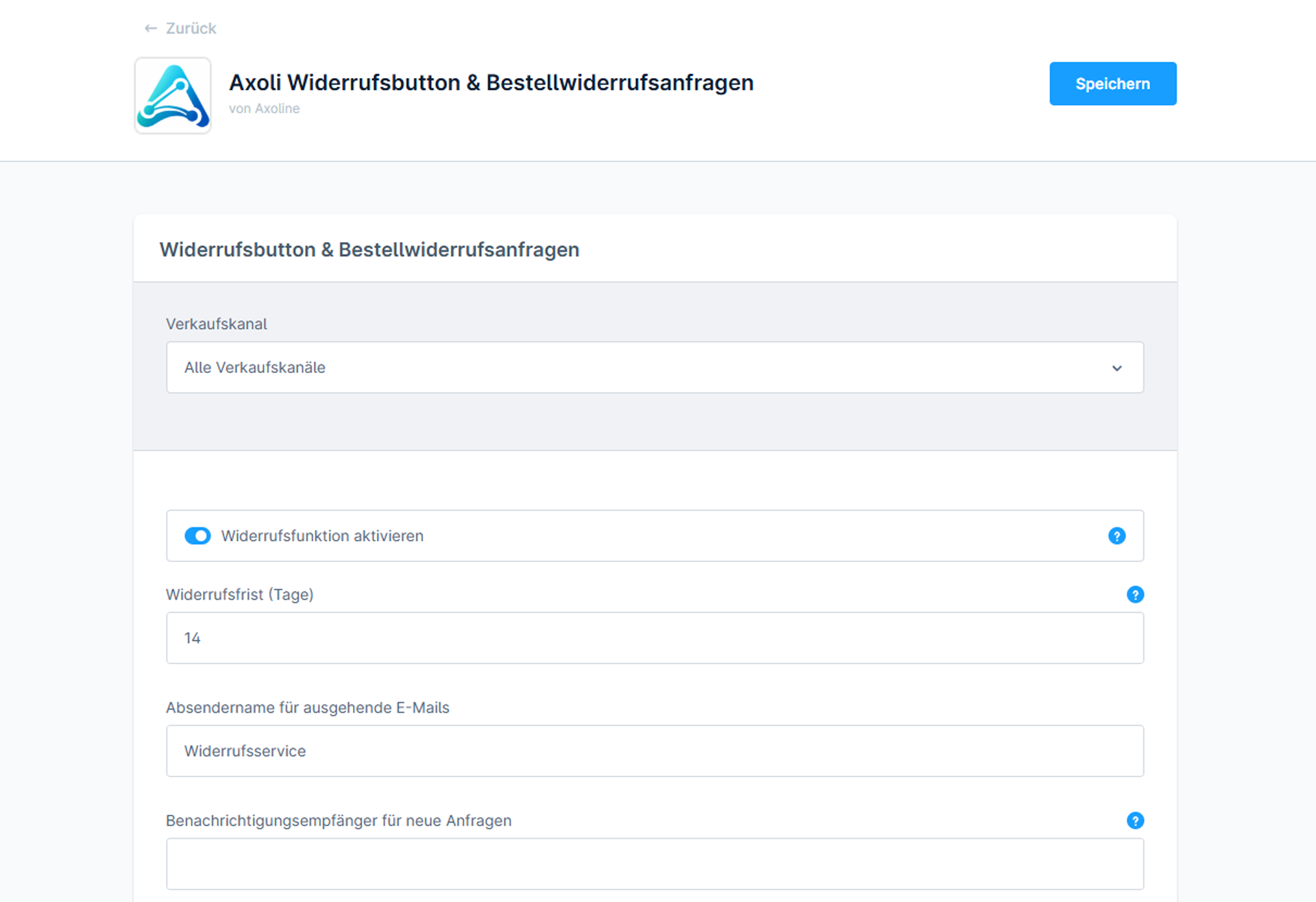 Plugin-Konfiguration mit Widerrufsfrist und Absendername