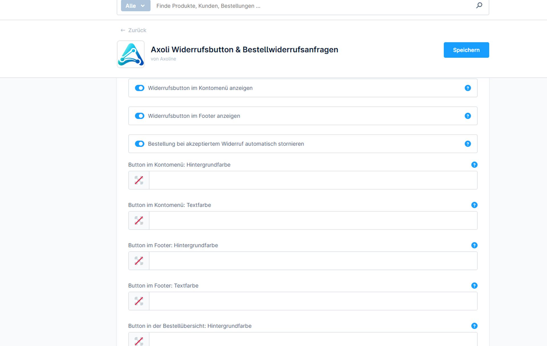 Schalter für Kontomenü, Footer, automatische Stornierung und Button-Farben